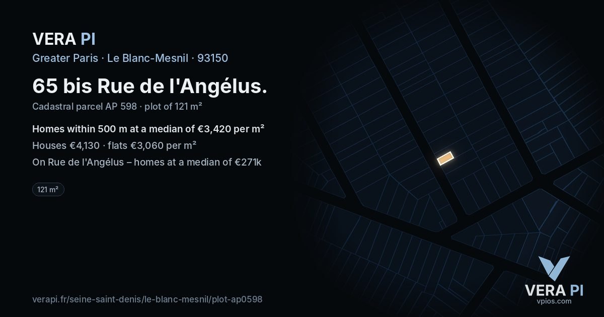 65 bis Rue de l'Angélus, Le Blanc-Mesnil at night – the plot lit, the parcels around coloured by the prices near them
