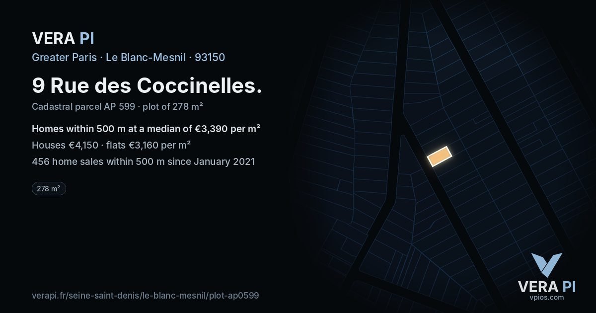9 Rue des Coccinelles, Le Blanc-Mesnil at night – the plot lit, the parcels around coloured by the prices near them