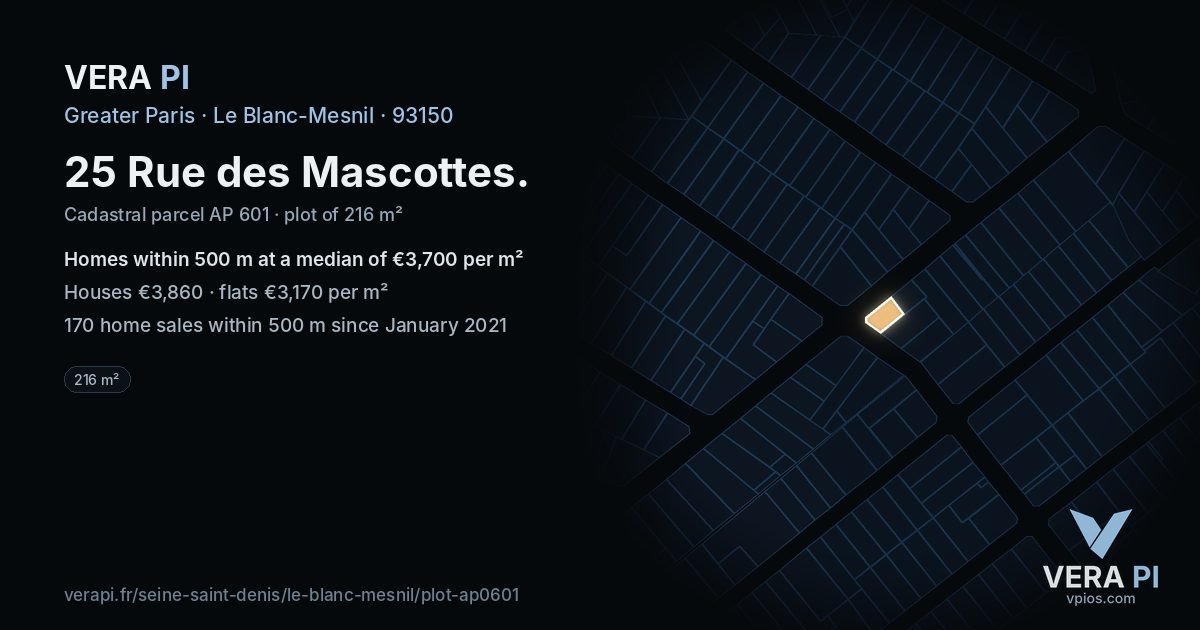 25 Rue des Mascottes, Le Blanc-Mesnil at night – the plot lit, the parcels around coloured by the prices near them