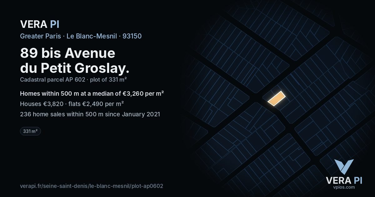 89 bis Avenue du Petit Groslay, Le Blanc-Mesnil at night – the plot lit, the parcels around coloured by the prices near them