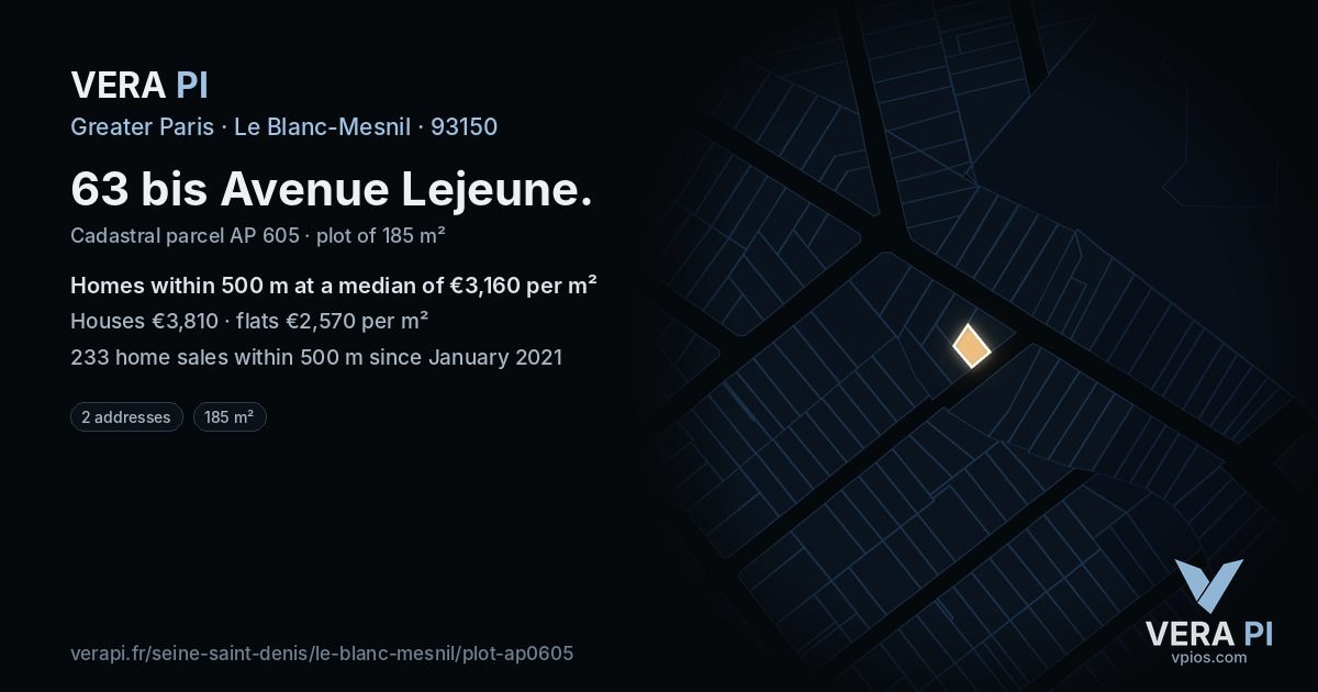 63 bis Avenue Lejeune, Le Blanc-Mesnil at night – the plot lit, the parcels around coloured by the prices near them