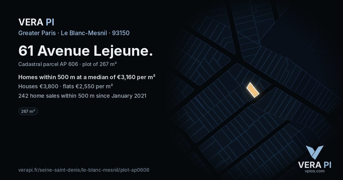 61 Avenue Lejeune, Le Blanc-Mesnil at night – the plot lit, the parcels around coloured by the prices near them