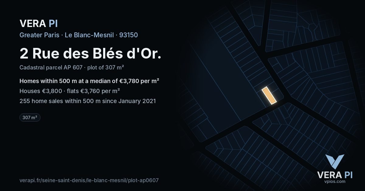2 Rue des Blés d'Or, Le Blanc-Mesnil at night – the plot lit, the parcels around coloured by the prices near them