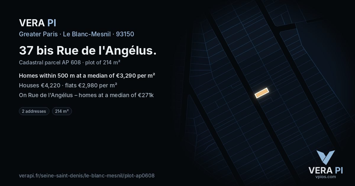 37 bis Rue de l'Angélus, Le Blanc-Mesnil at night – the plot lit, the parcels around coloured by the prices near them