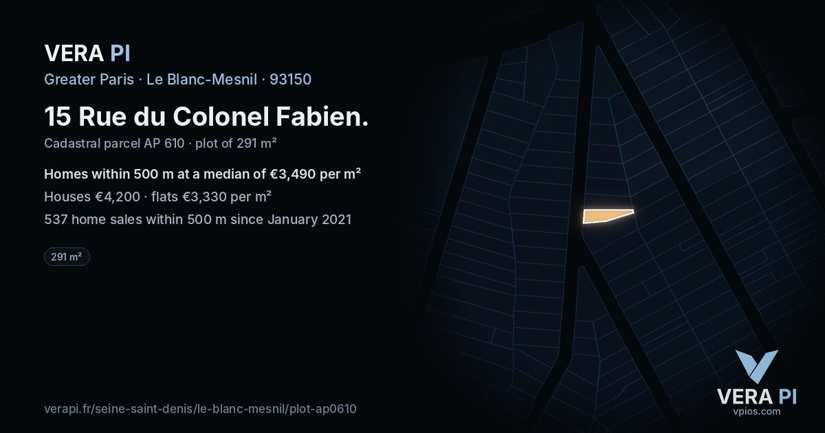15 Rue du Colonel Fabien, Le Blanc-Mesnil at night – the plot lit, the parcels around coloured by the prices near them