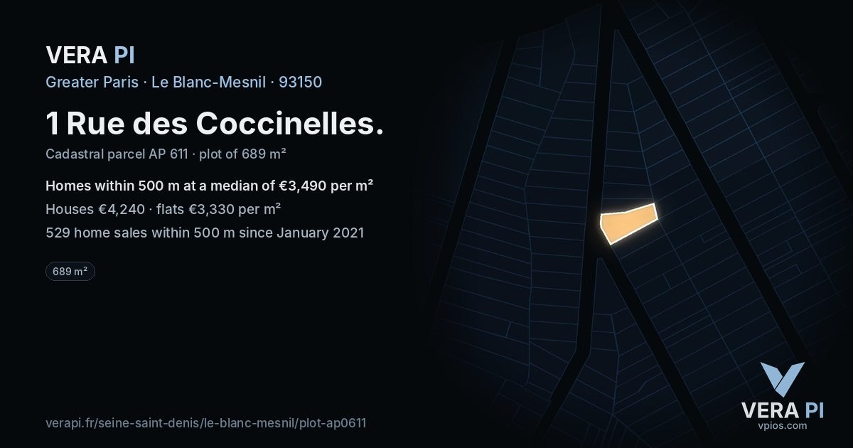 1 Rue des Coccinelles, Le Blanc-Mesnil at night – the plot lit, the parcels around coloured by the prices near them