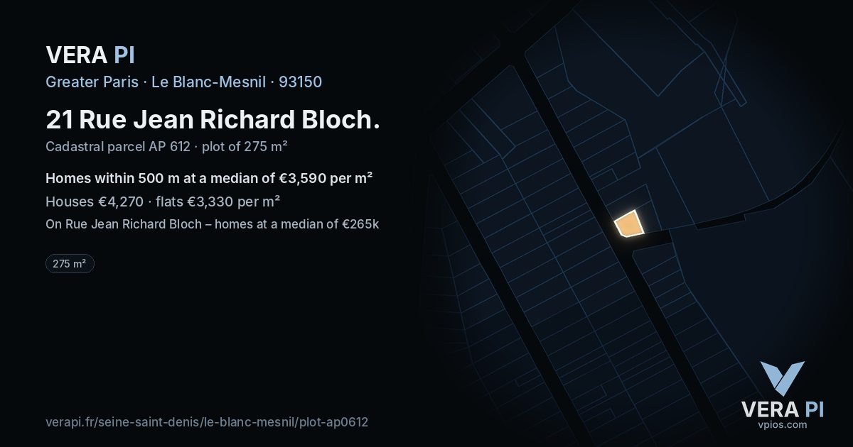 21 Rue Jean Richard Bloch, Le Blanc-Mesnil at night – the plot lit, the parcels around coloured by the prices near them