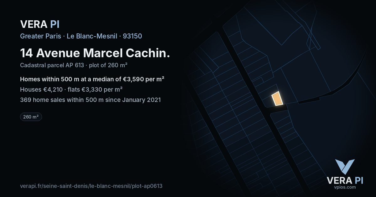 14 Avenue Marcel Cachin, Le Blanc-Mesnil at night – the plot lit, the parcels around coloured by the prices near them