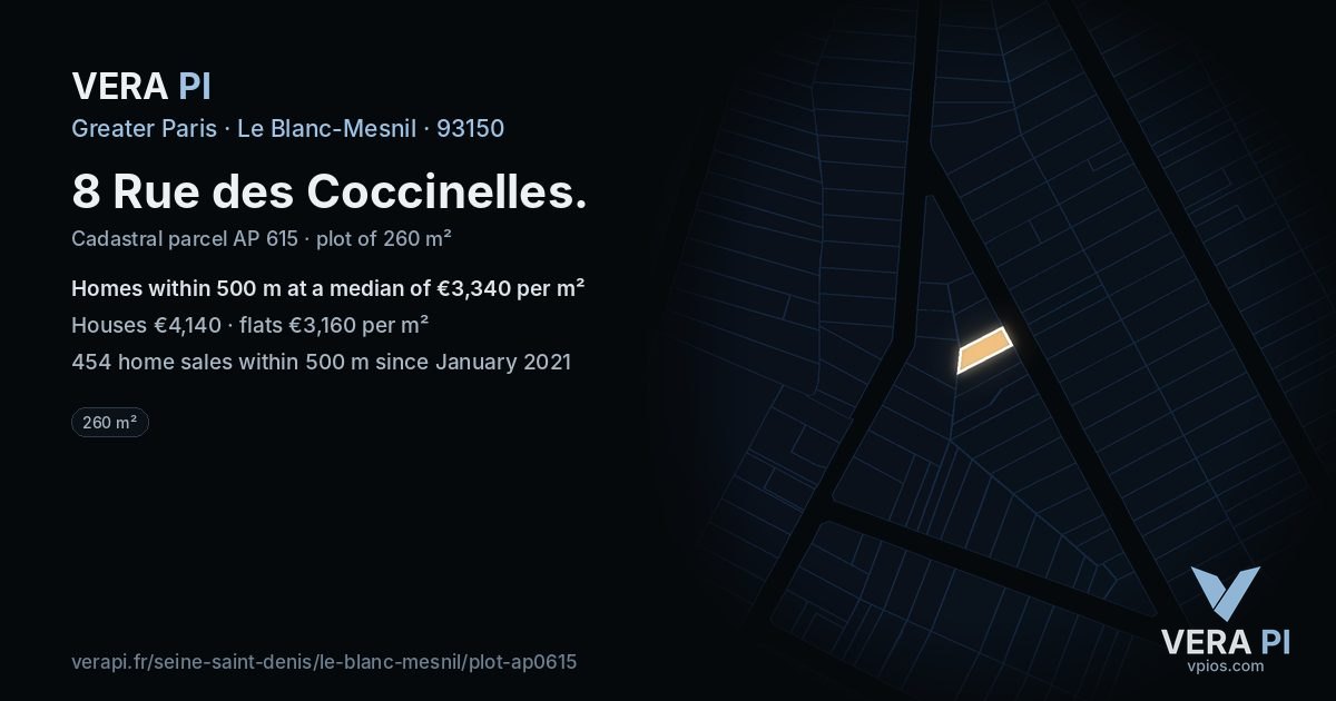 8 Rue des Coccinelles, Le Blanc-Mesnil at night – the plot lit, the parcels around coloured by the prices near them