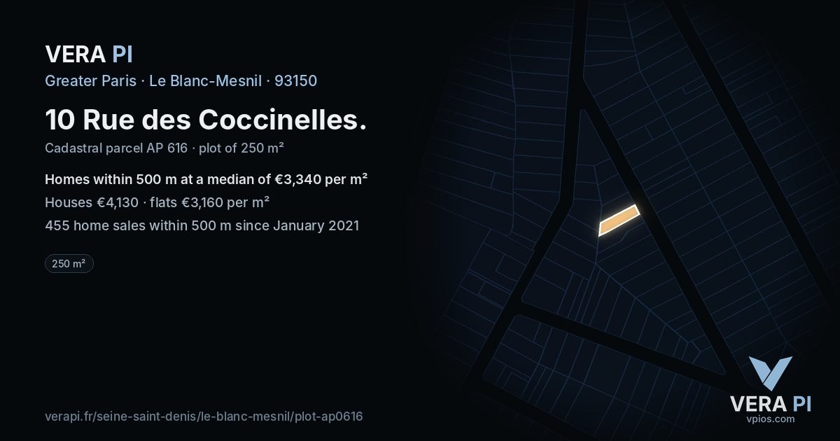 10 Rue des Coccinelles, Le Blanc-Mesnil at night – the plot lit, the parcels around coloured by the prices near them