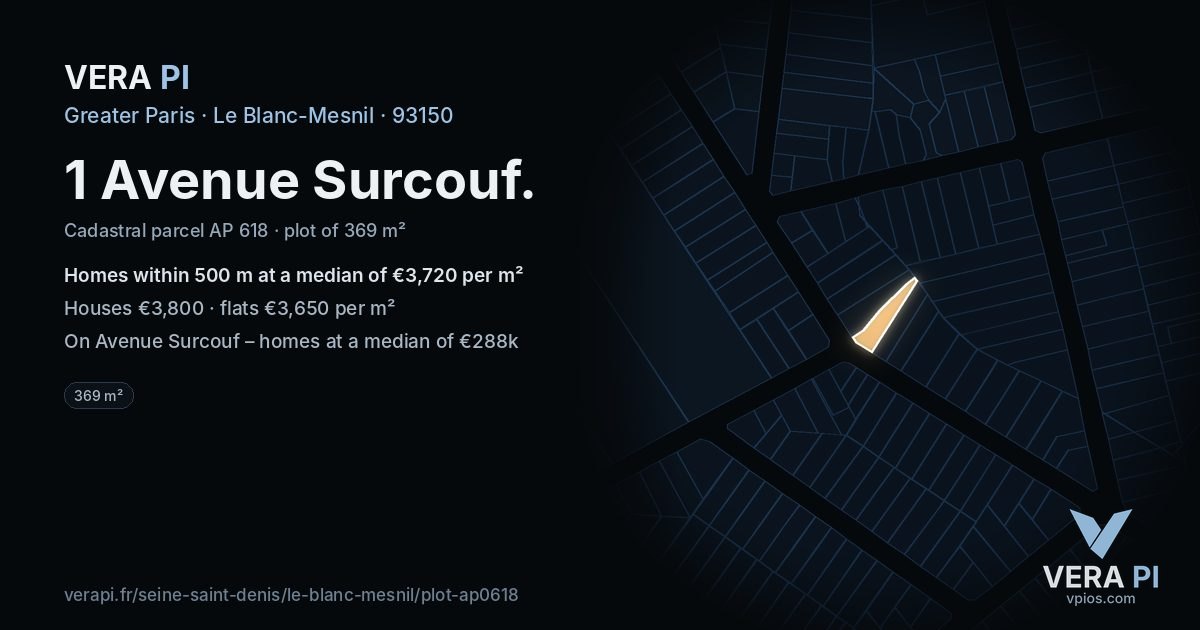 1 Avenue Surcouf, Le Blanc-Mesnil at night – the plot lit, the parcels around coloured by the prices near them