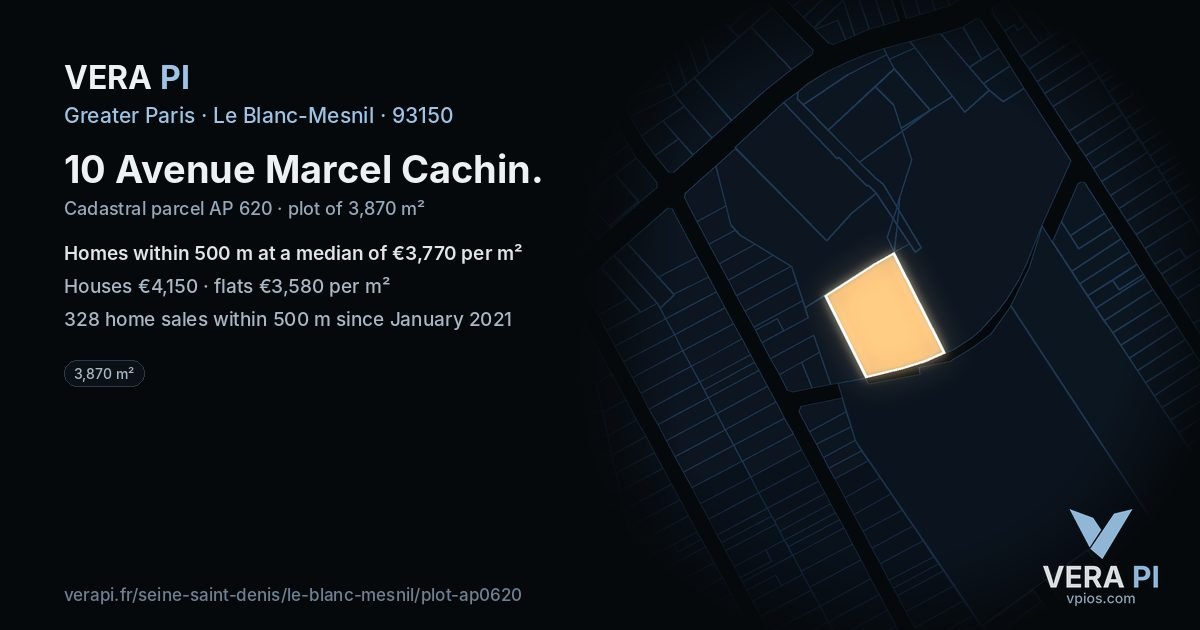 10 Avenue Marcel Cachin, Le Blanc-Mesnil at night – the plot lit, the parcels around coloured by the prices near them