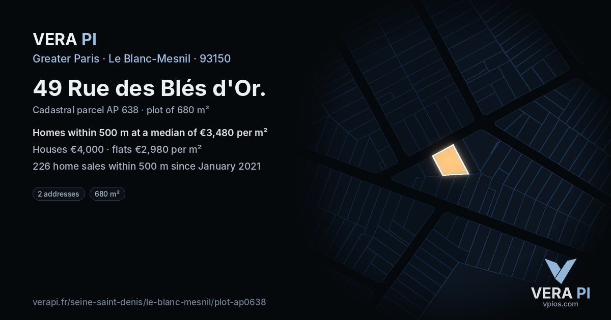 49 Rue des Blés d'Or, Le Blanc-Mesnil at night – the plot lit, the parcels around coloured by the prices near them