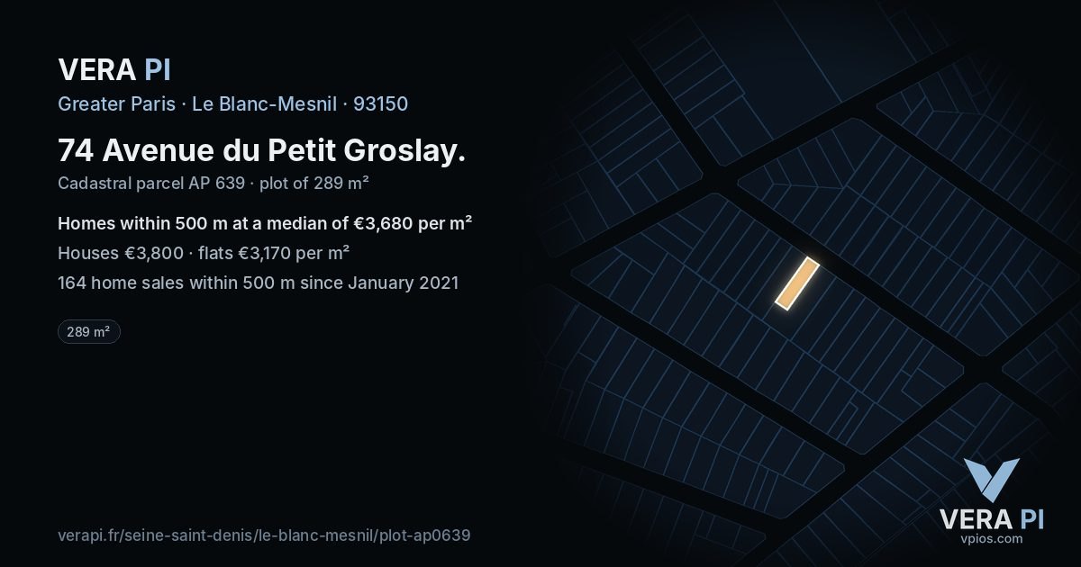 74 Avenue du Petit Groslay, Le Blanc-Mesnil at night – the plot lit, the parcels around coloured by the prices near them