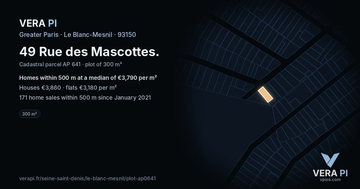 49 Rue des Mascottes, Le Blanc-Mesnil at night – the plot lit, the parcels around coloured by the prices near them