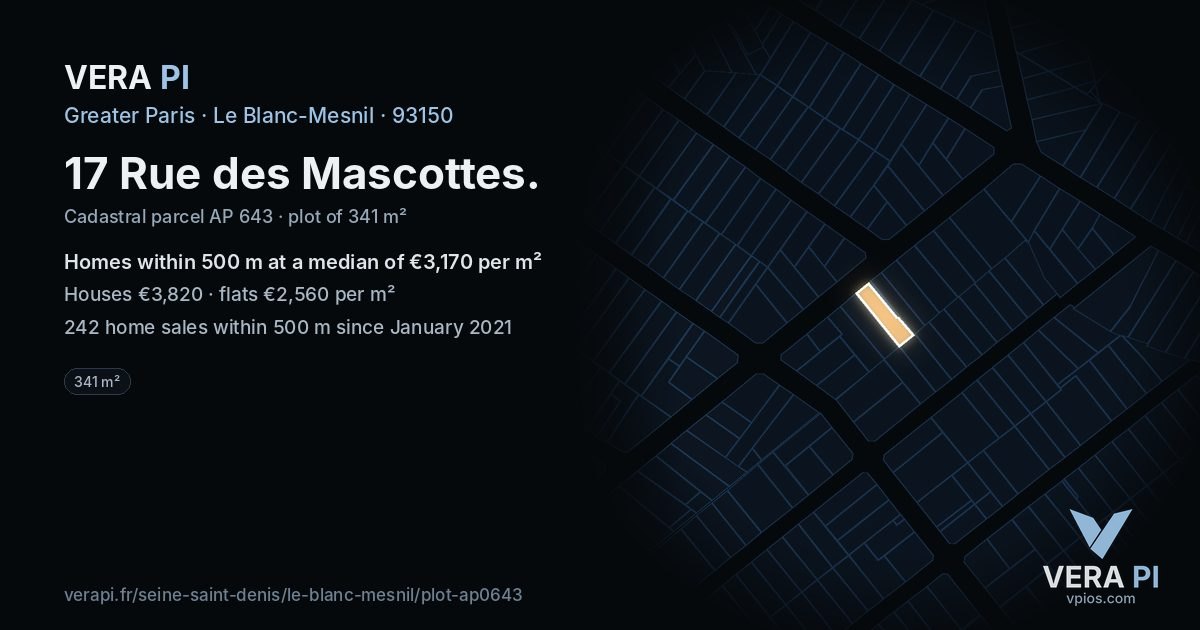 17 Rue des Mascottes, Le Blanc-Mesnil at night – the plot lit, the parcels around coloured by the prices near them