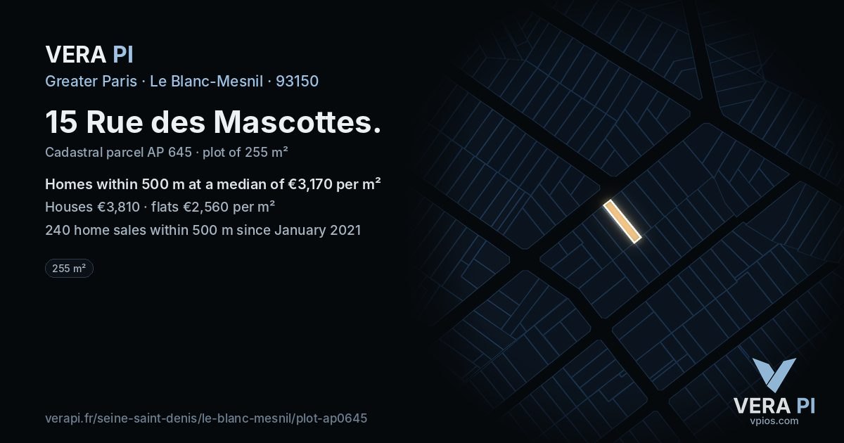 15 Rue des Mascottes, Le Blanc-Mesnil at night – the plot lit, the parcels around coloured by the prices near them