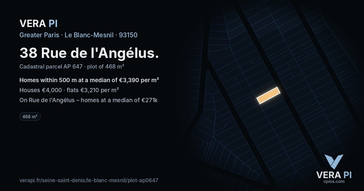 38 Rue de l'Angélus, Le Blanc-Mesnil at night – the plot lit, the parcels around coloured by the prices near them