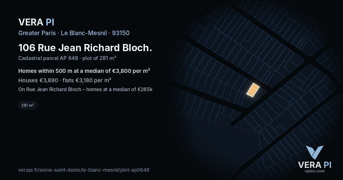 106 Rue Jean Richard Bloch, Le Blanc-Mesnil at night – the plot lit, the parcels around coloured by the prices near them