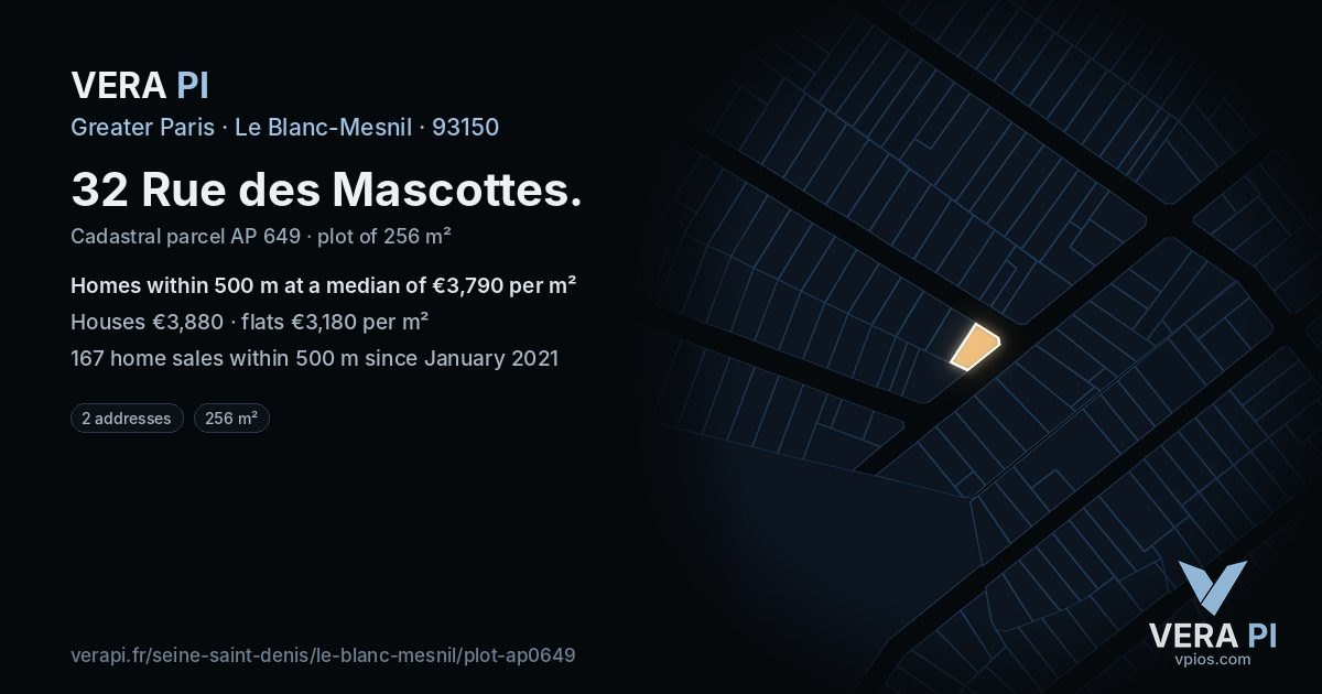 32 Rue des Mascottes, Le Blanc-Mesnil at night – the plot lit, the parcels around coloured by the prices near them