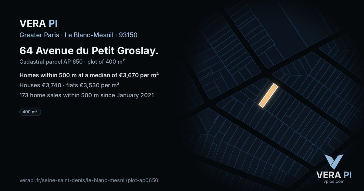 64 Avenue du Petit Groslay, Le Blanc-Mesnil at night – the plot lit, the parcels around coloured by the prices near them