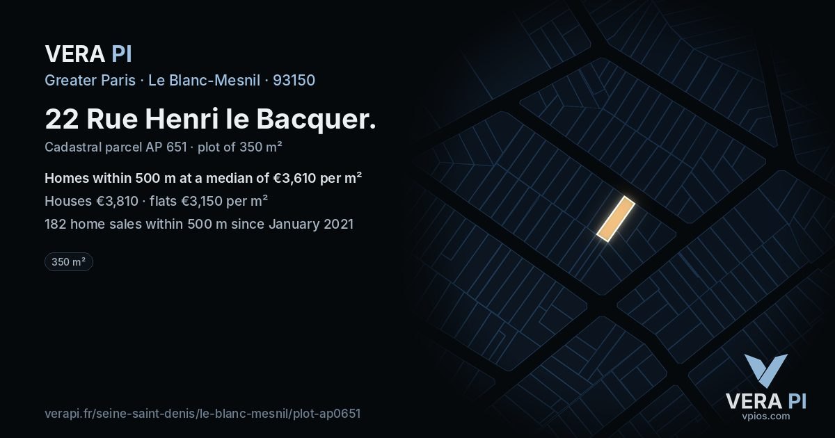 22 Rue Henri le Bacquer, Le Blanc-Mesnil at night – the plot lit, the parcels around coloured by the prices near them