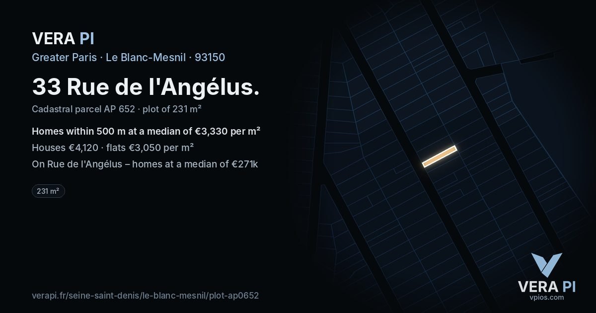 33 Rue de l'Angélus, Le Blanc-Mesnil at night – the plot lit, the parcels around coloured by the prices near them