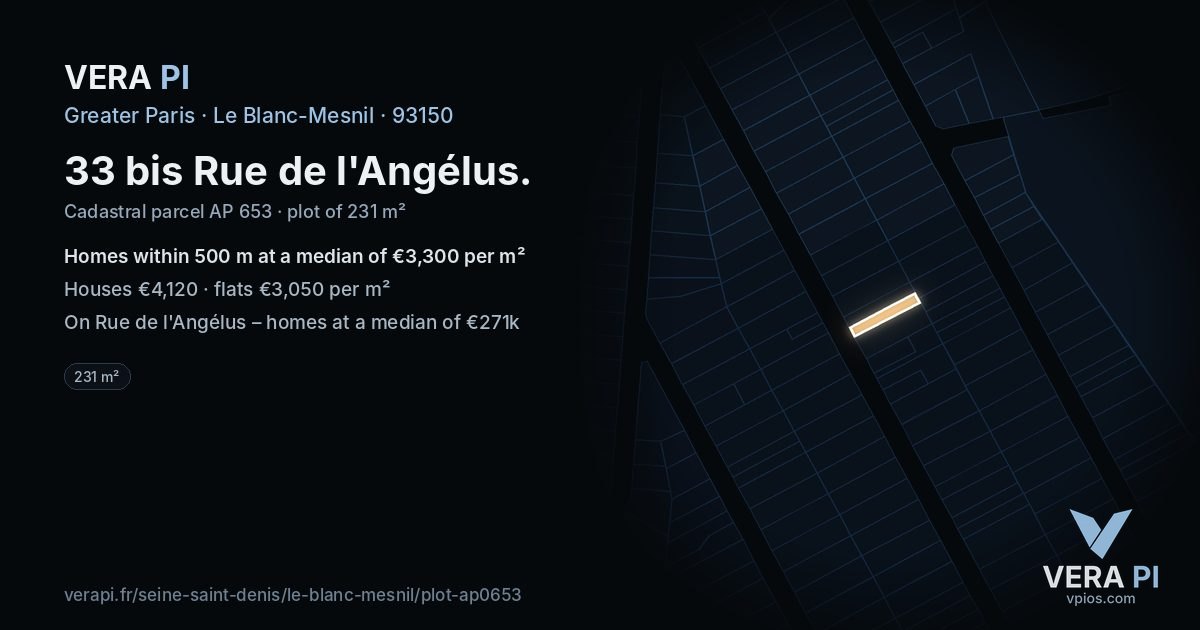 33 bis Rue de l'Angélus, Le Blanc-Mesnil at night – the plot lit, the parcels around coloured by the prices near them