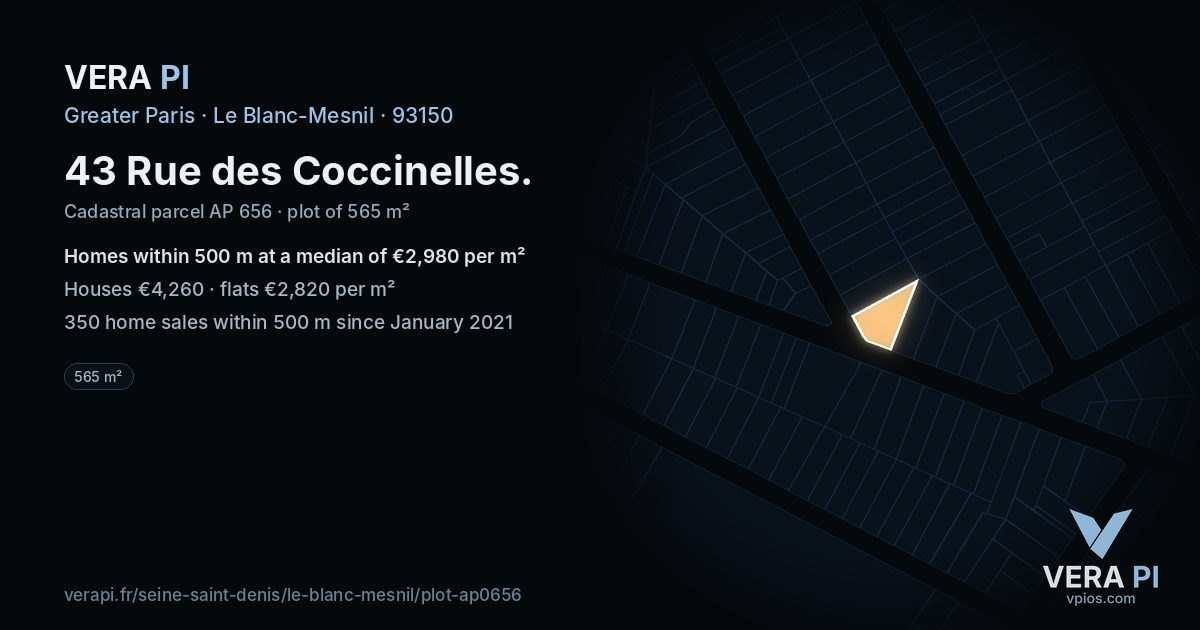 43 Rue des Coccinelles, Le Blanc-Mesnil at night – the plot lit, the parcels around coloured by the prices near them