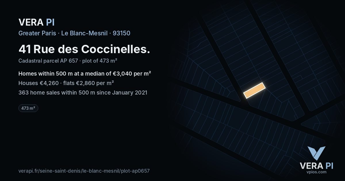 41 Rue des Coccinelles, Le Blanc-Mesnil at night – the plot lit, the parcels around coloured by the prices near them