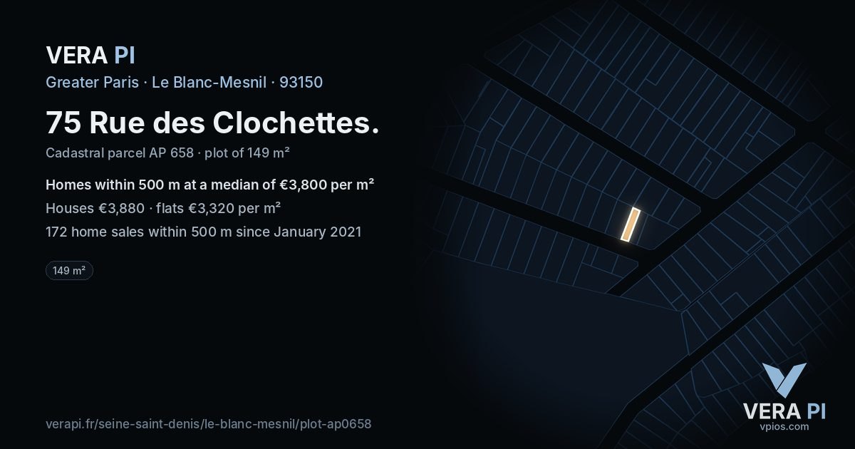 75 Rue des Clochettes, Le Blanc-Mesnil at night – the plot lit, the parcels around coloured by the prices near them