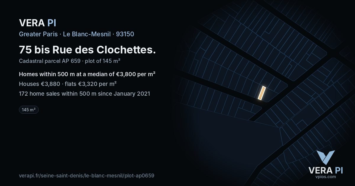 75 bis Rue des Clochettes, Le Blanc-Mesnil at night – the plot lit, the parcels around coloured by the prices near them