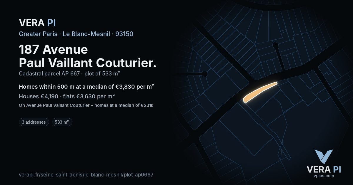 187 Avenue Paul Vaillant Couturier, Le Blanc-Mesnil at night – the plot lit, the parcels around coloured by the prices near them