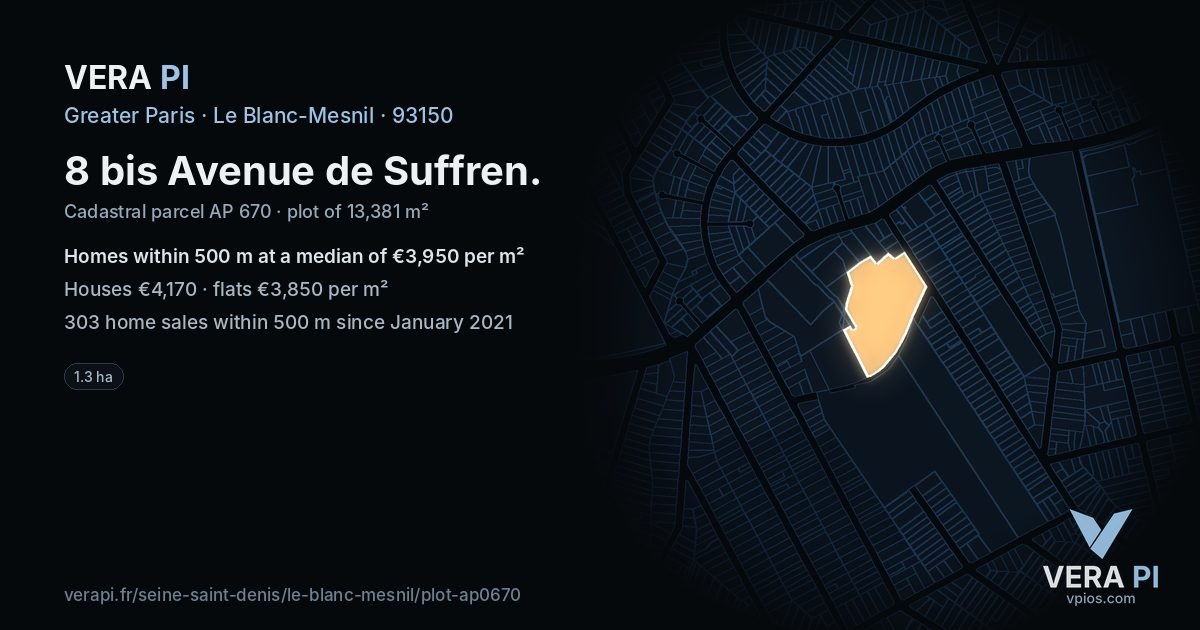 8 bis Avenue de Suffren, Le Blanc-Mesnil at night – the plot lit, the parcels around coloured by the prices near them