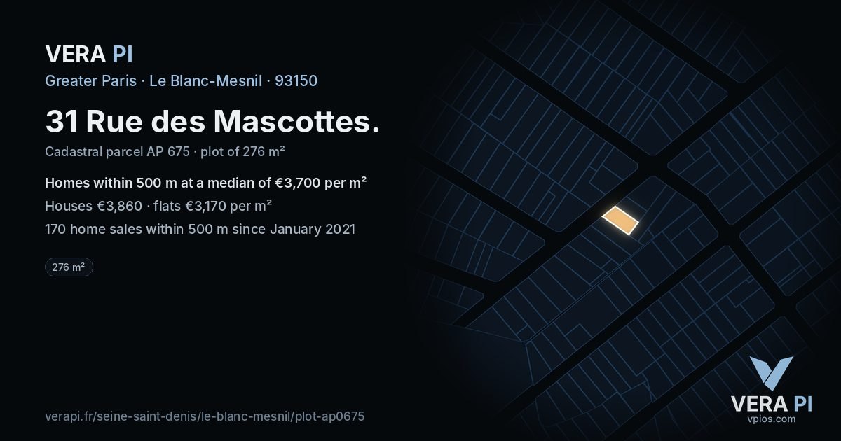 31 Rue des Mascottes, Le Blanc-Mesnil at night – the plot lit, the parcels around coloured by the prices near them