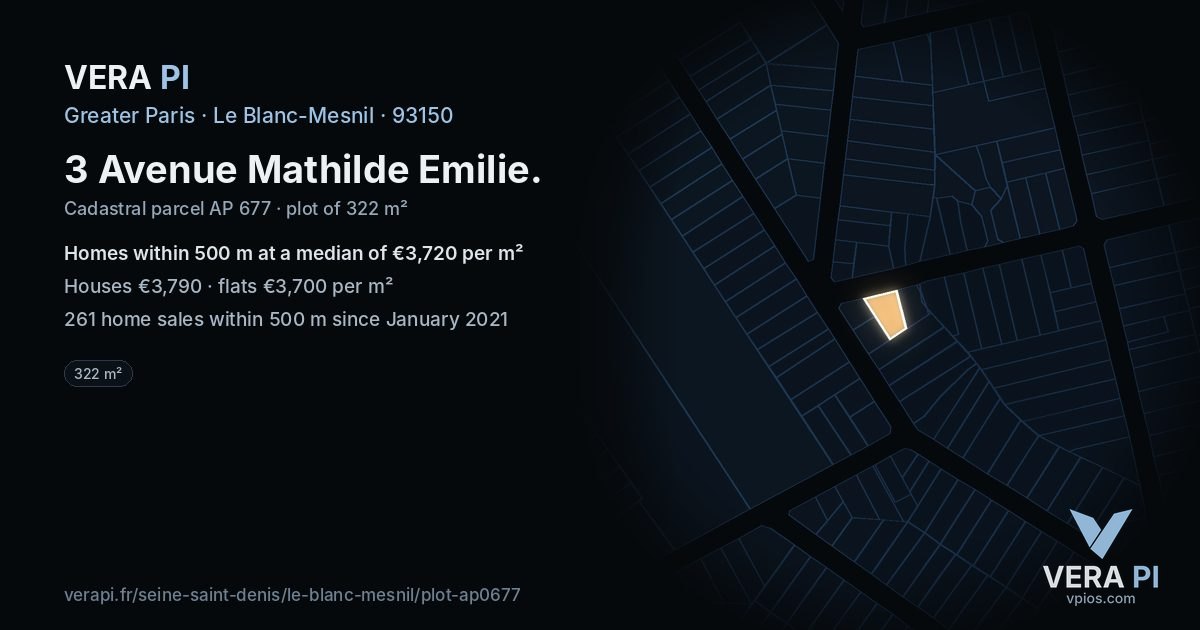 3 Avenue Mathilde Emilie, Le Blanc-Mesnil at night – the plot lit, the parcels around coloured by the prices near them