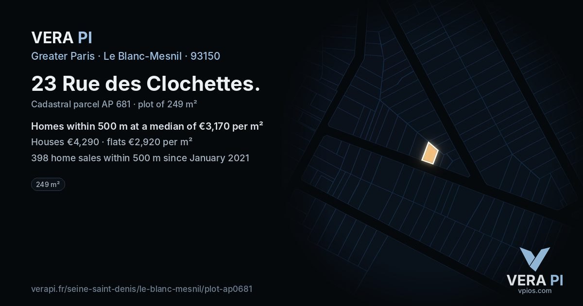 23 Rue des Clochettes, Le Blanc-Mesnil at night – the plot lit, the parcels around coloured by the prices near them