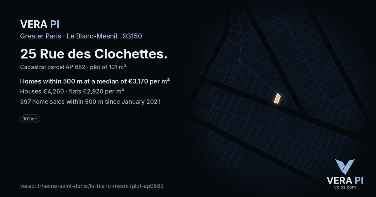 25 Rue des Clochettes, Le Blanc-Mesnil at night – the plot lit, the parcels around coloured by the prices near them