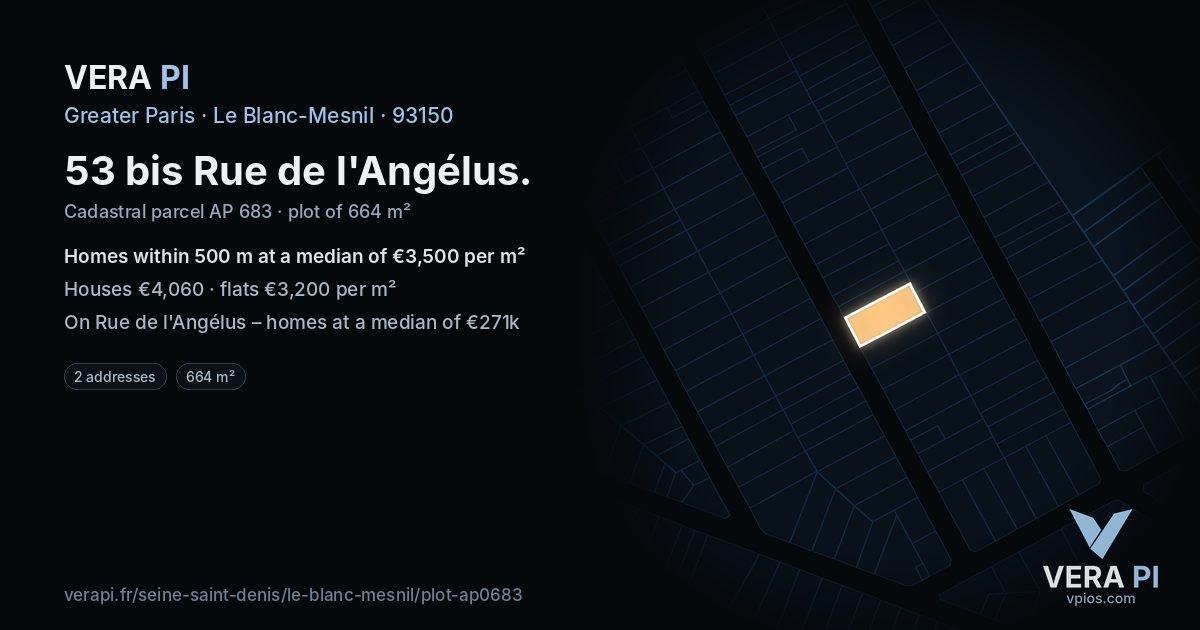 53 bis Rue de l'Angélus, Le Blanc-Mesnil at night – the plot lit, the parcels around coloured by the prices near them