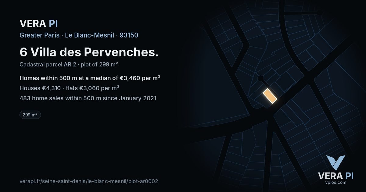 6 Villa des Pervenches, Le Blanc-Mesnil at night – the plot lit, the parcels around coloured by the prices near them