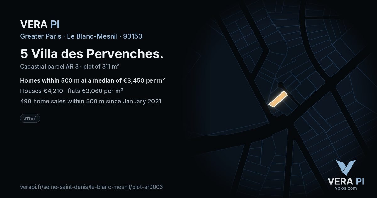 5 Villa des Pervenches, Le Blanc-Mesnil at night – the plot lit, the parcels around coloured by the prices near them