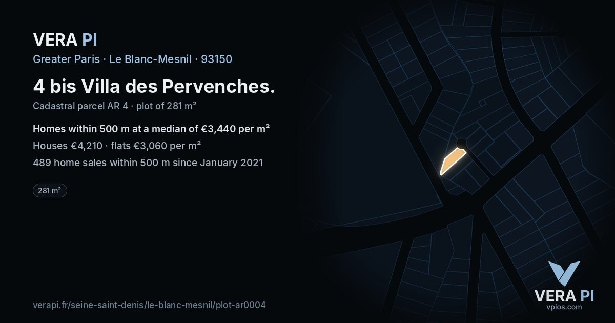4 bis Villa des Pervenches, Le Blanc-Mesnil at night – the plot lit, the parcels around coloured by the prices near them