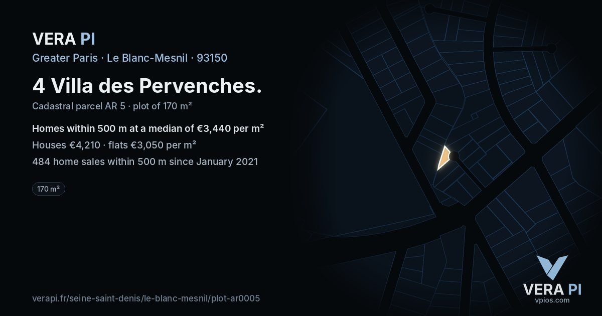 4 Villa des Pervenches, Le Blanc-Mesnil at night – the plot lit, the parcels around coloured by the prices near them
