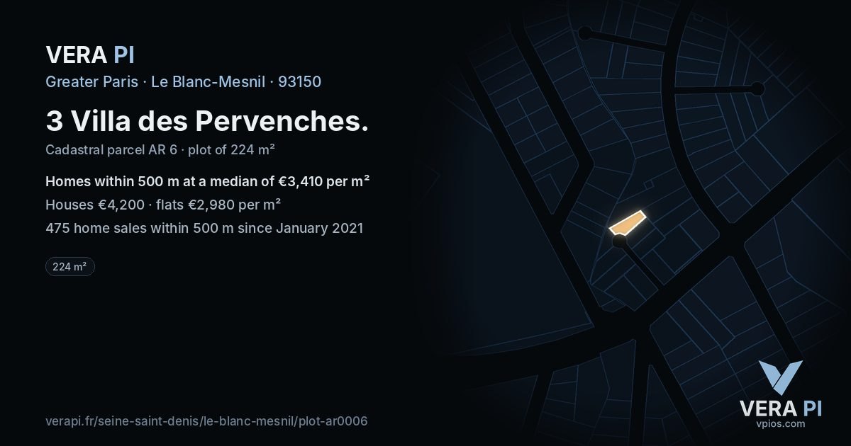 3 Villa des Pervenches, Le Blanc-Mesnil at night – the plot lit, the parcels around coloured by the prices near them