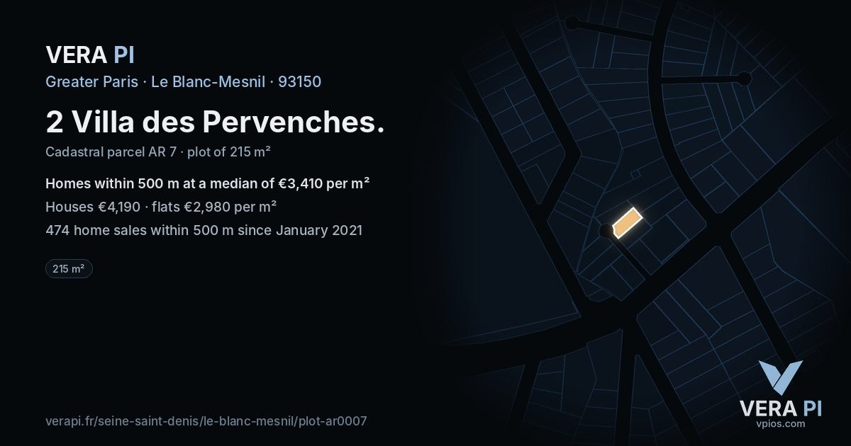2 Villa des Pervenches, Le Blanc-Mesnil at night – the plot lit, the parcels around coloured by the prices near them