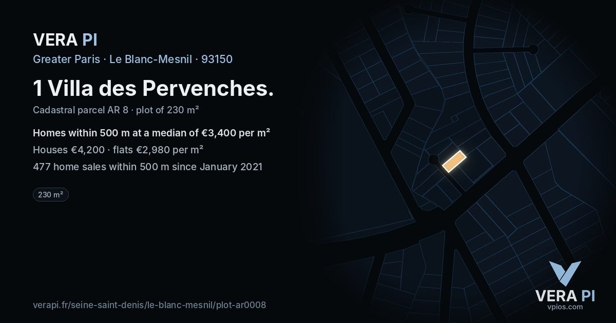 1 Villa des Pervenches, Le Blanc-Mesnil at night – the plot lit, the parcels around coloured by the prices near them