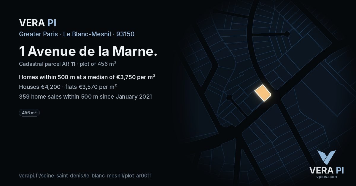 1 Avenue de la Marne, Le Blanc-Mesnil at night – the plot lit, the parcels around coloured by the prices near them