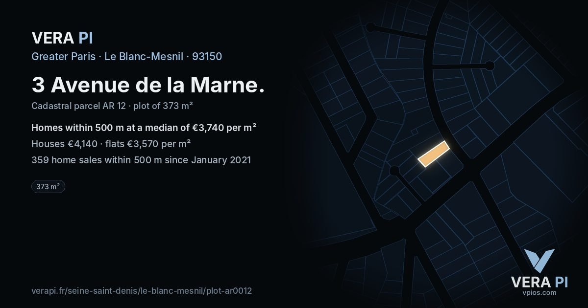 3 Avenue de la Marne, Le Blanc-Mesnil at night – the plot lit, the parcels around coloured by the prices near them