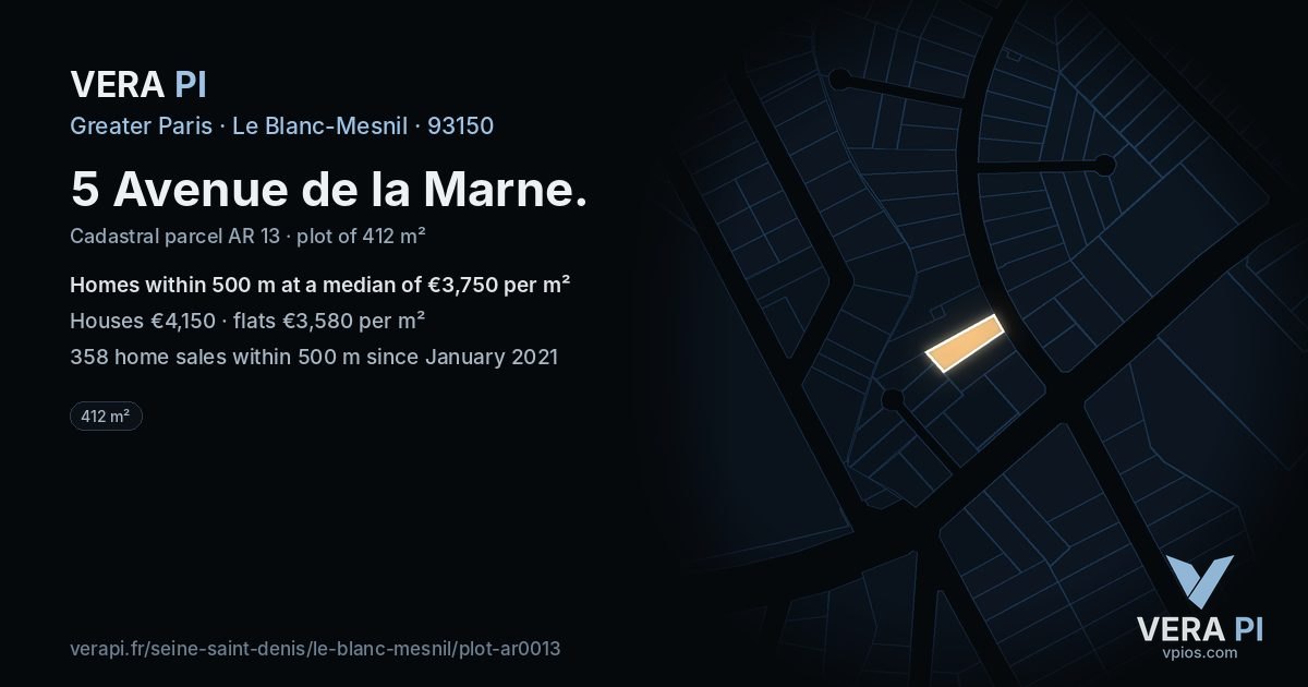 5 Avenue de la Marne, Le Blanc-Mesnil at night – the plot lit, the parcels around coloured by the prices near them