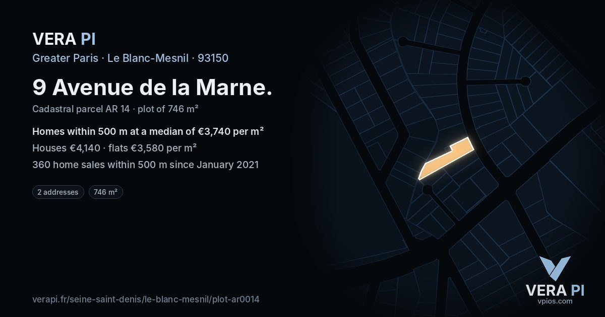 9 Avenue de la Marne, Le Blanc-Mesnil at night – the plot lit, the parcels around coloured by the prices near them